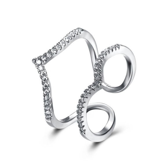 Adjustable Cubic Zirconia V Paving Open Platinum Plated Ring - Picture 1 of 13